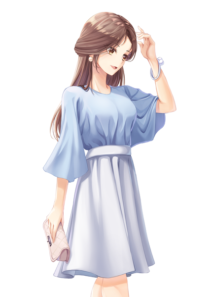 Anime picture 3500x4950 with original star-ring single long hair tall image highres open mouth simple background brown hair standing white background holding brown eyes looking away absurdres arm up half updo girl skirt earrings