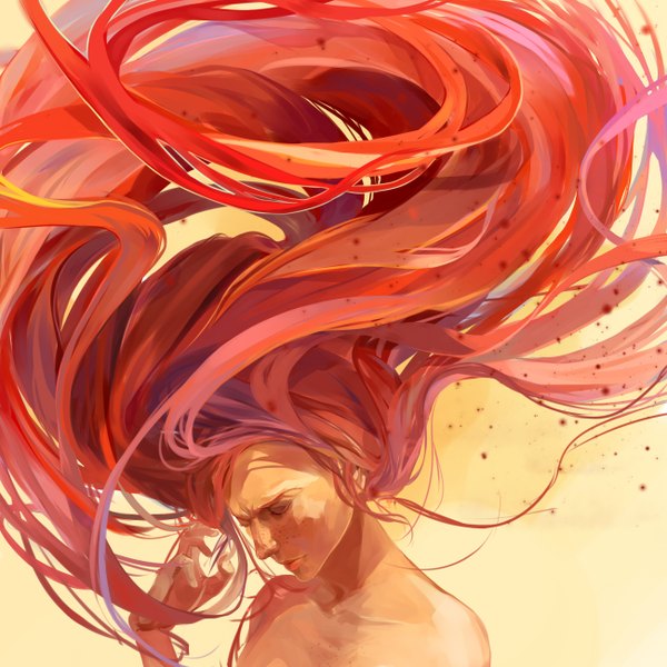 Anime picture 1300x1300 with original bianzao single bare shoulders red hair eyes closed very long hair multicolored hair orange hair two-tone hair topless frown freckles girl