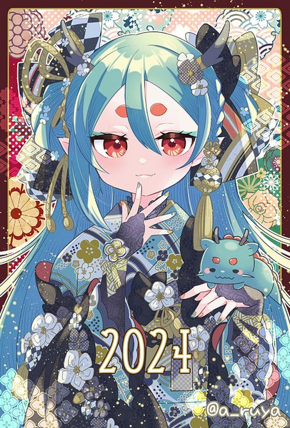 Anime picture 591x874 with original aruya (flosrota) single long hair tall image looking at viewer fringe hair between eyes red eyes upper body nail polish traditional clothes japanese clothes horn (horns) pointy ears aqua hair border eyebrows eyeshadow new year