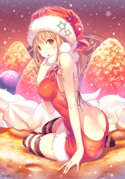 Anime-Bild 600x857 mit ilog ichinomiya ichigo mana kakkowarai single long hair tall image looking at viewer blush breasts light erotic blonde hair brown eyes fur trim finger to mouth snowing girl thighhighs dress hat food