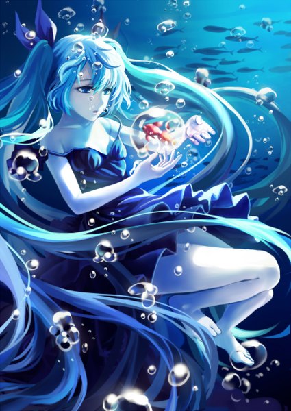 Anime picture 900x1270 with vocaloid shinkai shoujo (vocaloid) hatsune miku ttk (kirinottk) single tall image blue eyes twintails bare shoulders blue hair very long hair underwater girl dress sundress bubble (bubbles) fish (fishes)