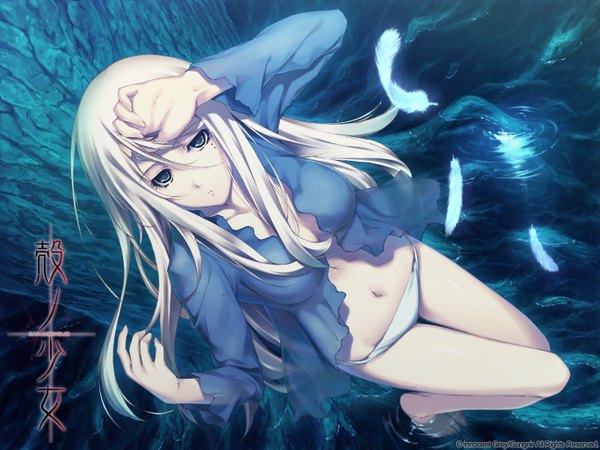 Anime picture 1365x1024 with kara no shoujo innocent grey stella maris sugina miki single long hair looking at viewer breasts blue eyes light erotic blonde hair bent knee (knees) white hair parted lips barefoot from above scan night mole official art