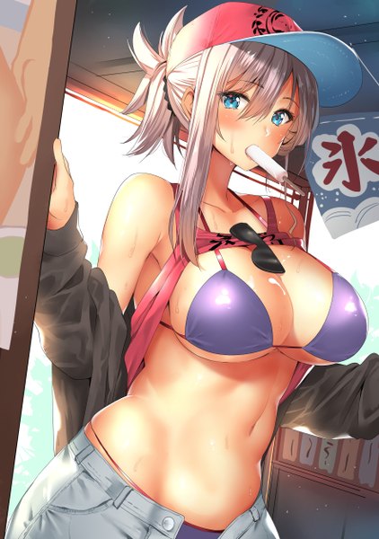 Anime picture 882x1254 with fate (series) fate/grand order miyamoto musashi (fate) body mahattaya ginga single long hair tall image looking at viewer blush fringe breasts blue eyes light erotic hair between eyes large breasts standing holding cleavage silver hair off shoulder