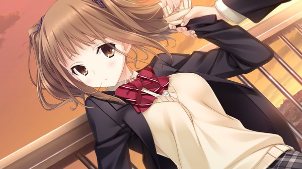 Anime picture 1280x720 with kiss bell giga nagatsuda yumi short hair brown hair wide image twintails brown eyes game cg short twintails girl uniform school uniform bowtie sweater