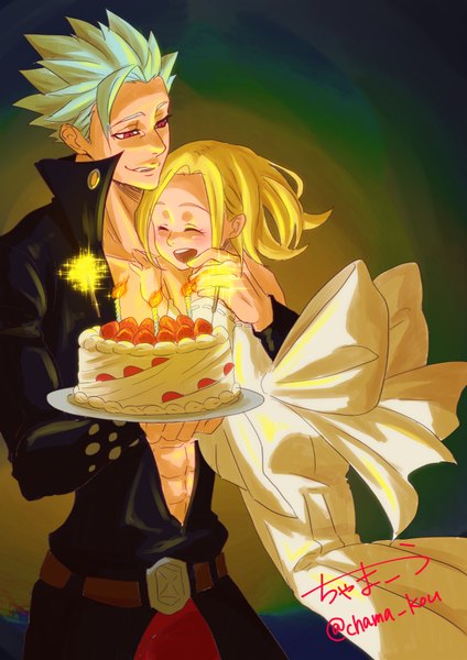 Anime picture 2480x3508 with nanatsu no taizai a-1 pictures ban (nanatsu no taizai) elaine (nanatsu no taizai) chama kou tall image highres short hair open mouth blonde hair smile red eyes standing holding signed looking away silver hair eyes closed parted lips open jacket
