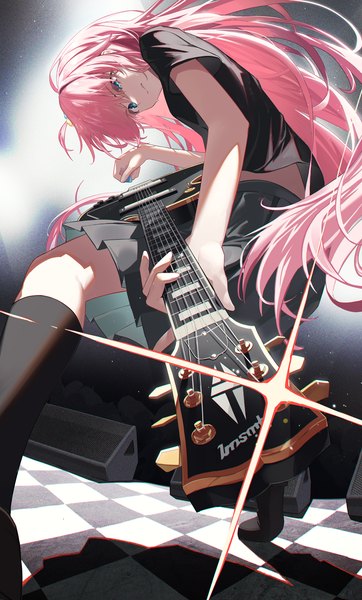 Anime picture 1557x2579 with bocchi the rock! cloverworks gotou hitori nunsori single long hair tall image fringe blue eyes pink hair one side up checkered floor floor playing instrument foreshortening girl skirt socks black socks musical instrument