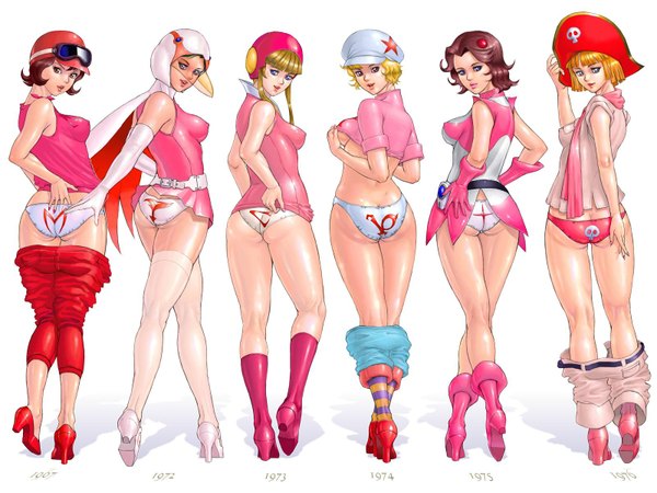 Anime picture 1600x1200 with gatchaman tatsunoko jun the swan zen and retro highres breasts light erotic ass looking back high heels erect nipples sideboob covered nipples oldschool 70s 60s thighhighs underwear panties shoes