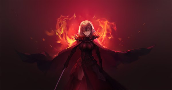 Anime picture 1500x786 with fate (series) fate/grand order fate/apocrypha jeanne d'arc (fate) (all) jeanne d'arc alter (fate) mao mao wansui single looking at viewer short hair simple background blonde hair smile wide image holding yellow eyes head tilt wind fur trim glowing red background