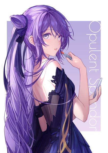 Anime picture 2894x4093 with genshin impact keqing (genshin impact) keqing (opulent splendor) (genshin impact) mugiko mz single long hair tall image looking at viewer highres purple eyes twintails purple hair hair bun (hair buns) turning head official alternate costume outside border girl dress detached sleeves mirror