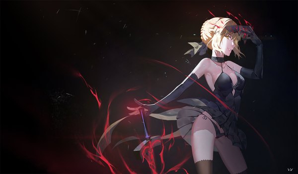 Anime picture 1181x690 with fate (series) fate/grand order fate/stay night artoria pendragon (all) saber alter nanaya (daaijianglin) single looking at viewer fringe short hair breasts light erotic simple background blonde hair smile hair between eyes wide image bare shoulders holding signed