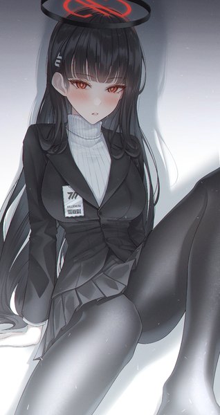 Anime picture 707x1333 with blue archive rio (blue archive) orecalc3092 single long hair tall image looking at viewer blush fringe breasts black hair simple background red eyes sitting holding bent knee (knees) blunt bangs long sleeves parted lips pleated skirt