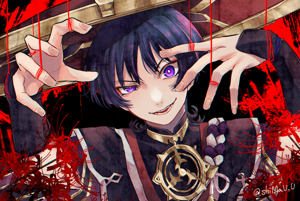 Anime picture 2220x1488 with genshin impact scaramouche (genshin impact) shima usagi single looking at viewer highres short hair black hair purple eyes signed upper body fingernails twitter username crazy eyes boy flower (flowers) hat thread higanbana red thread
