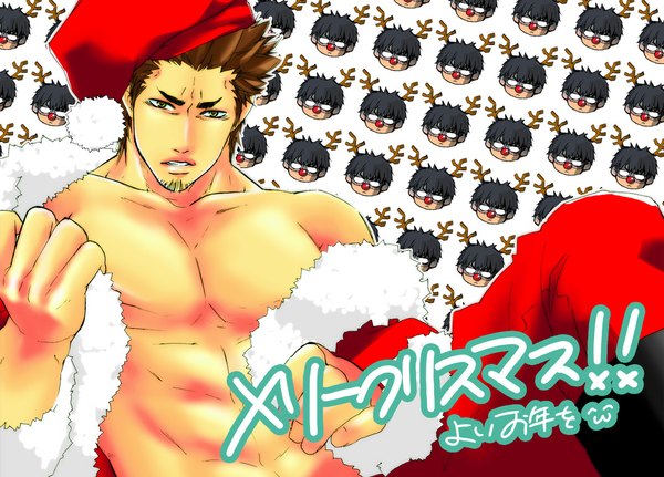 Anime picture 1054x758 with gintama sunrise (studio) hijikata toshiro kondo isao kumi black hair brown hair brown eyes horn (horns) open clothes fur trim christmas o o boy fur santa claus hat santa claus costume beard