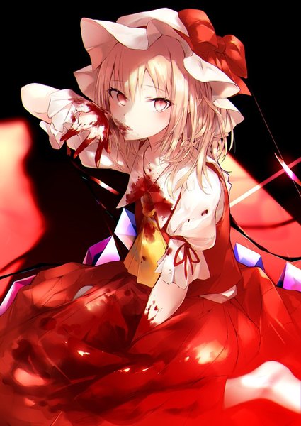 Anime picture 724x1023 with touhou flandre scarlet sakusyo single tall image looking at viewer blush short hair blonde hair pink eyes puffy sleeves blood on face bloody clothes girl hat wings blood bonnet ascot