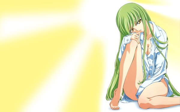 Anime picture 1920x1200 with code geass sunrise (studio) c.c. single long hair fringe highres breasts light erotic simple background wide image sitting yellow eyes payot cleavage bent knee (knees) long sleeves head tilt green hair girl