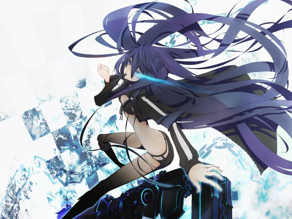 Anime-Bild 1200x900 mit black rock shooter black rock shooter (character) plastick long hair blue eyes purple hair midriff mouth hold glowing glowing eye (eyes) girl weapon jacket shorts bikini top huge weapon