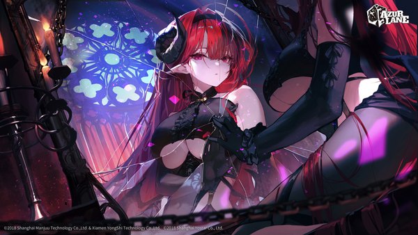 Anime picture 3840x2160 with azur lane hindenburg (azur lane) ggoc ill single long hair looking at viewer fringe highres breasts light erotic hair between eyes red eyes wide image large breasts sitting bare shoulders absurdres ahoge red hair horn (horns)