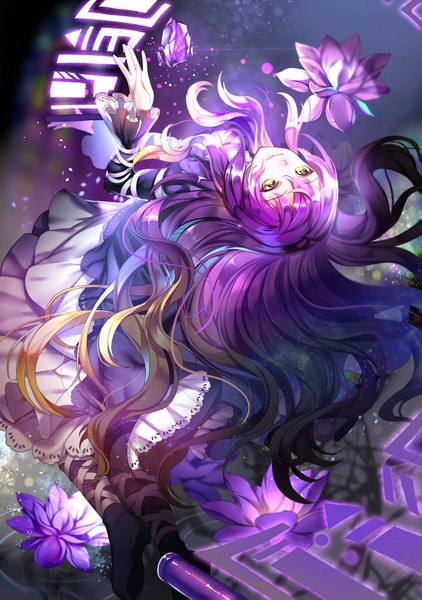 Anime picture 1300x1847 with touhou hijiri byakuren greetload single long hair tall image yellow eyes purple hair multicolored hair two-tone hair gradient hair girl dress flower (flowers) sorcerer's sutra scroll