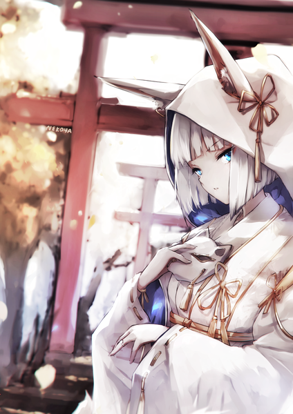 Anime picture 744x1053 with azur lane kaga (azur lane) kaga (sacred bush lily) (azur lane) nekoya (liu) single tall image looking at viewer fringe short hair blue eyes standing holding signed animal ears silver hair upper body outdoors blunt bangs traditional clothes japanese clothes