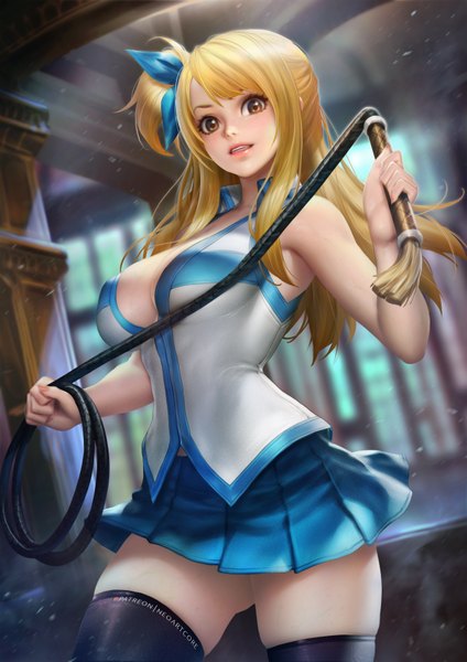 Anime picture 2480x3508 with fairy tail lucy heartfilia nudtawut thongmai single long hair tall image looking at viewer blush fringe highres breasts light erotic blonde hair large breasts standing holding brown eyes payot cleavage pleated skirt
