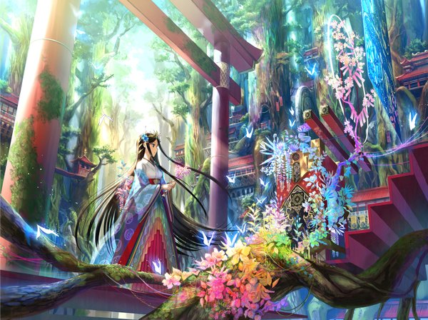 Anime-Bild 1830x1368 mit original fuzichoco single highres blue eyes black hair standing holding very long hair traditional clothes hair flower sunlight girl hair ornament flower (flowers) plant (plants) tree (trees) insect butterfly crown
