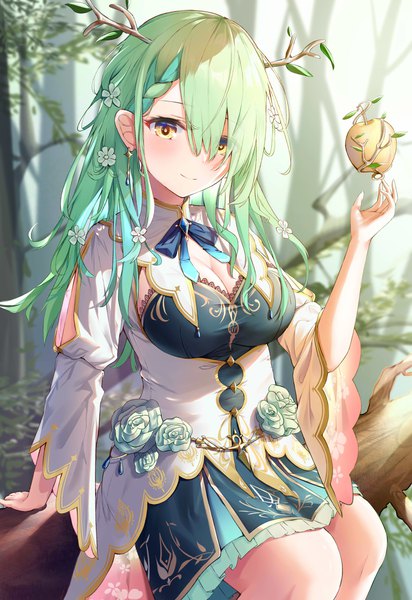 Anime picture 2433x3541 with virtual youtuber hololive hololive english ceres fauna ceres fauna (1st costume) wolfgang (paul94104875) single long hair tall image looking at viewer blush fringe highres breasts smile large breasts sitting yellow eyes cleavage bent knee (knees)