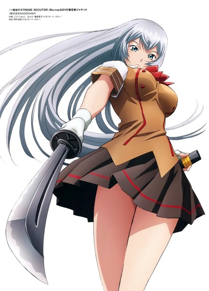 Anime picture 4818x6712 with ikkitousen chouun shiryuu single long hair tall image looking at viewer highres blue eyes simple background white background absurdres silver hair scan official art girl skirt gloves uniform weapon school uniform