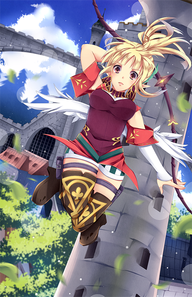 Anime picture 693x1071 with original rumi-kuu single long hair tall image open mouth blonde hair red eyes sky cloud (clouds) pointy ears girl thighhighs weapon black thighhighs plant (plants) tree (trees) leaf (leaves) bow (weapon) tower