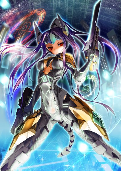 Anime picture 1754x2480 with original sai (abyss05) single long hair tall image looking at viewer highres light erotic red eyes holding purple hair ponytail from below covered navel fighting stance serious dual wielding center opening mecha musume gunblade