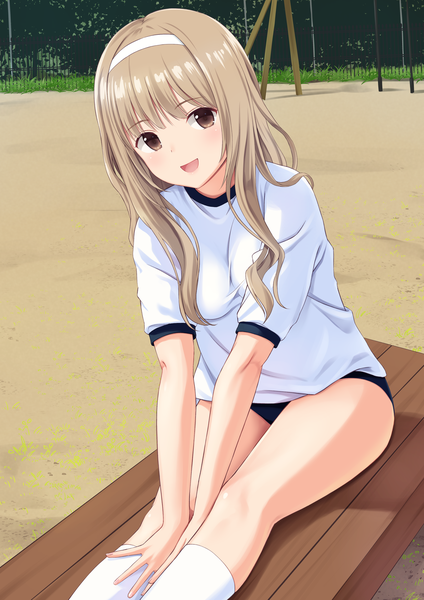 Anime picture 2894x4093 with original n.g. single long hair tall image looking at viewer blush fringe highres open mouth light erotic smile brown hair sitting brown eyes outdoors blunt bangs :d girl uniform