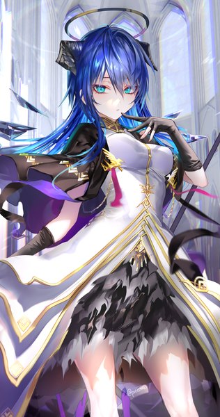 Anime picture 2000x3800 with arknights mostima (arknights) mostima (spellbreaker) (arknights) pottsness single long hair tall image looking at viewer fringe highres breasts blue eyes hair between eyes standing signed blue hair horn (horns) twitter username girl dress