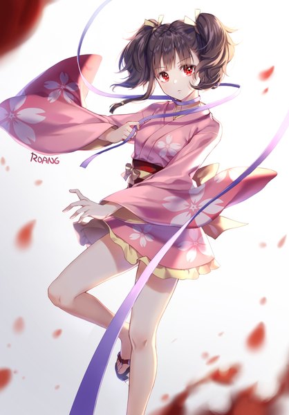 Anime picture 700x1004 with koutetsujou no kabaneri wit studio mumei (kabaneri) roang single tall image looking at viewer fringe short hair red eyes brown hair standing white background twintails holding signed bent knee (knees) long sleeves traditional clothes japanese clothes