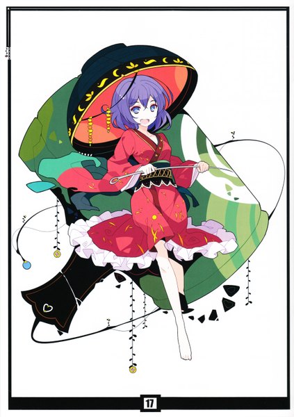 Anime-Bild 4293x6086 mit touhou sukuna shinmyoumaru ideolo single tall image looking at viewer fringe highres short hair open mouth white background purple eyes absurdres purple hair traditional clothes japanese clothes barefoot scan girl needle