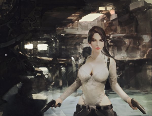 Anime picture 1050x798 with tomb raider lara croft plusnine single long hair breasts black hair large breasts holding ponytail indoors lips black eyes dual wielding girl weapon belt gun pistol