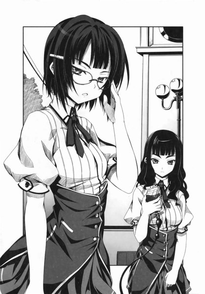 Anime picture 1115x1600 with highschool dxd sona sitri shinra tsubaki miyama zero long hair tall image fringe short hair breasts black hair multiple girls short sleeves puffy sleeves monochrome wavy hair eyebrows hand on face adjusting glasses girl uniform