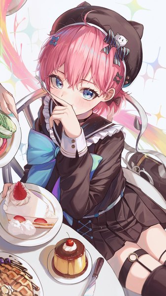 Anime picture 1500x2674 with original 2gong (9ujin ) tall image looking at viewer blush fringe short hair blue eyes hair between eyes sitting holding pink hair ahoge long sleeves pleated skirt from above solo focus covered mouth girl thighhighs
