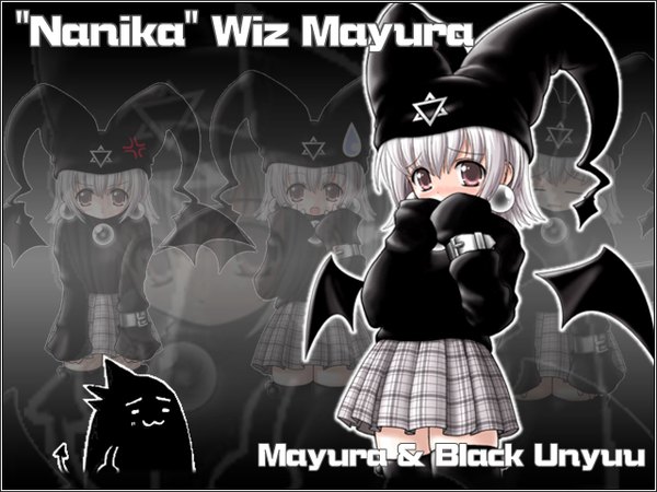 Anime picture 1280x960 with ukagaka mayura kuro unyuu hako (dollspro) looking at viewer blush short hair white hair long sleeves pleated skirt grey eyes zettai ryouiki character names sleeves past wrists multiview covered mouth black wings third-party edit outline hexagram