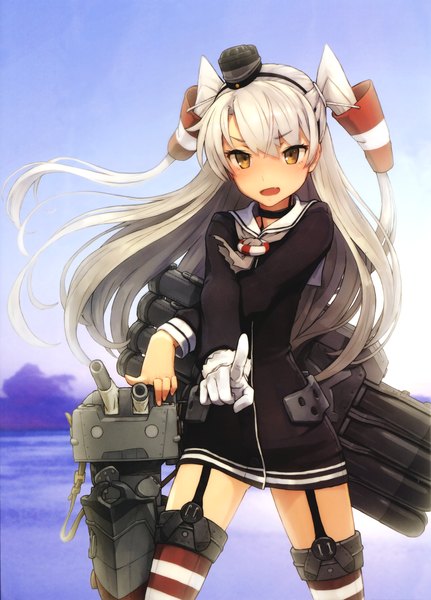 Anime picture 2870x3990 with kantai collection amatsukaze destroyer rensouhou-kun shizuma yoshinori single long hair tall image looking at viewer blush highres open mouth smile yellow eyes sky silver hair cloud (clouds) sunlight official art two side up crossed arms