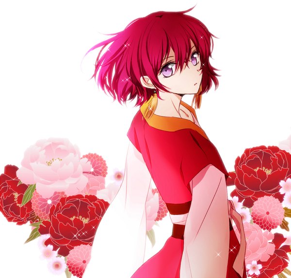 Anime picture 1000x956 with akatsuki no yona studio pierrot yona (akatsuki no yona) tagme (artist) single short hair white background purple eyes red hair looking back girl dress flower (flowers)