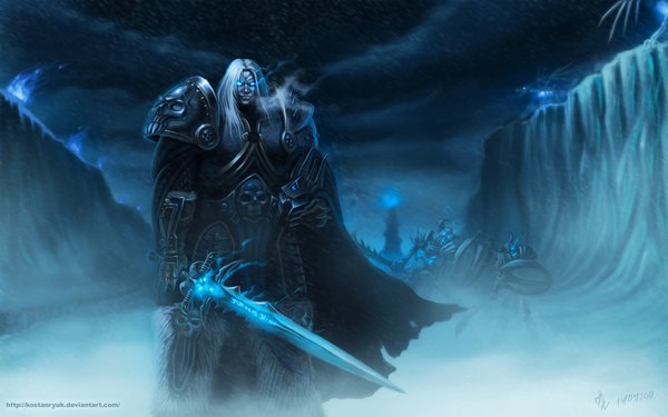 Anime picture 1920x1200 with world of warcraft warcraft blizzard entertainment arthas menethil kostanryuk long hair highres blue eyes smile wide image signed cloud (clouds) white hair horn (horns) realistic night sky coloring magic glowing snow