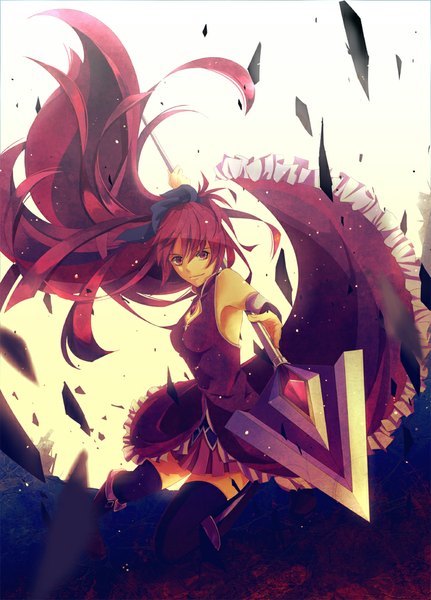 Anime picture 719x1000 with mahou shoujo madoka magica shaft (studio) sakura kyouko maboroshi (2yushiba) single tall image looking at viewer smile red eyes holding ponytail red hair very long hair girl thighhighs dress weapon black thighhighs knee boots spear