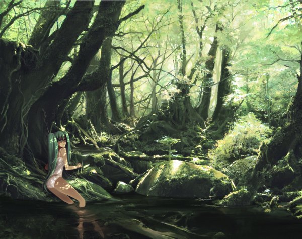 Anime picture 1200x950 with vocaloid hatsune miku katase waka single long hair twintails green eyes outdoors green hair nature girl plant (plants) tree (trees) water