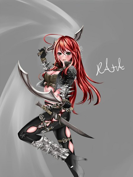 Anime picture 800x1066 with league of legends katarina (league of legends) cksl62 (harmonics) single long hair tall image breasts simple background green eyes red hair grey background girl weapon bracelet clothes dagger spiked bracelet