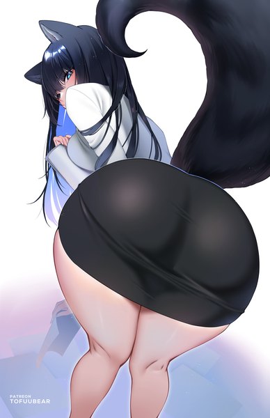Anime picture 3850x5950 with original reiko (tofuubear) tofuubear single long hair tall image looking at viewer blush fringe highres breasts blue eyes light erotic black hair simple background hair between eyes large breasts standing holding signed