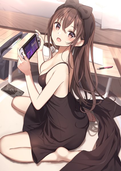 Anime picture 2121x3000 with original nintendo huyunora single long hair tall image looking at viewer blush fringe highres breasts open mouth hair between eyes brown hair sitting bare shoulders holding brown eyes cleavage full body