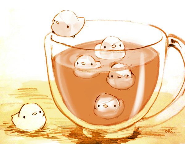Anime picture 900x700 with original chai (artist) simple background signed black eyes shadow underwater no people animal water bird (birds) cup drink chick
