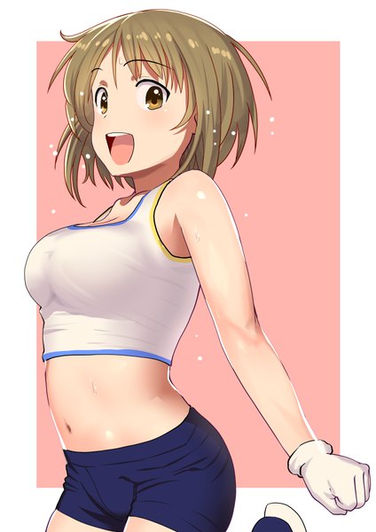 Anime picture 707x1000 with idolmaster idolmaster cinderella girls mimura kanako pettan p single tall image looking at viewer blush fringe short hair breasts open mouth light erotic simple background brown hair large breasts bare shoulders brown eyes cleavage :d