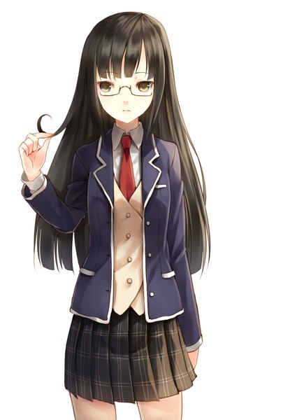 Anime picture 637x900 with original paseri single long hair tall image fringe brown hair standing white background brown eyes looking away parted lips pleated skirt plaid skirt holding hair girl skirt uniform school uniform miniskirt