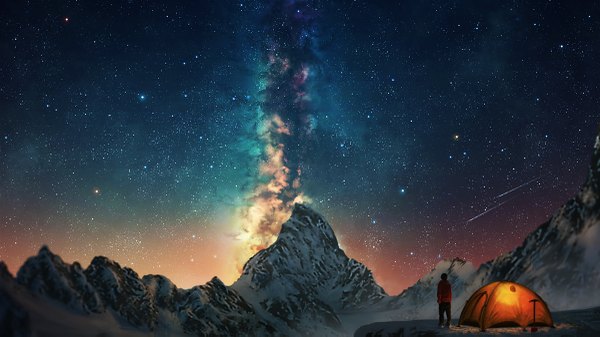 Anime picture 1200x675 with original natsu (hottopeppa3390) single short hair wide image standing from behind snow mountain scenic revision backlighting shooting star milky way boy star (stars) winter clothes