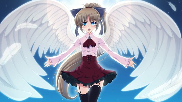 Anime picture 1280x720 with atled everlasting song long hair blush open mouth blue eyes brown hair wide image game cg ponytail girl thighhighs dress bow black thighhighs hair bow wings